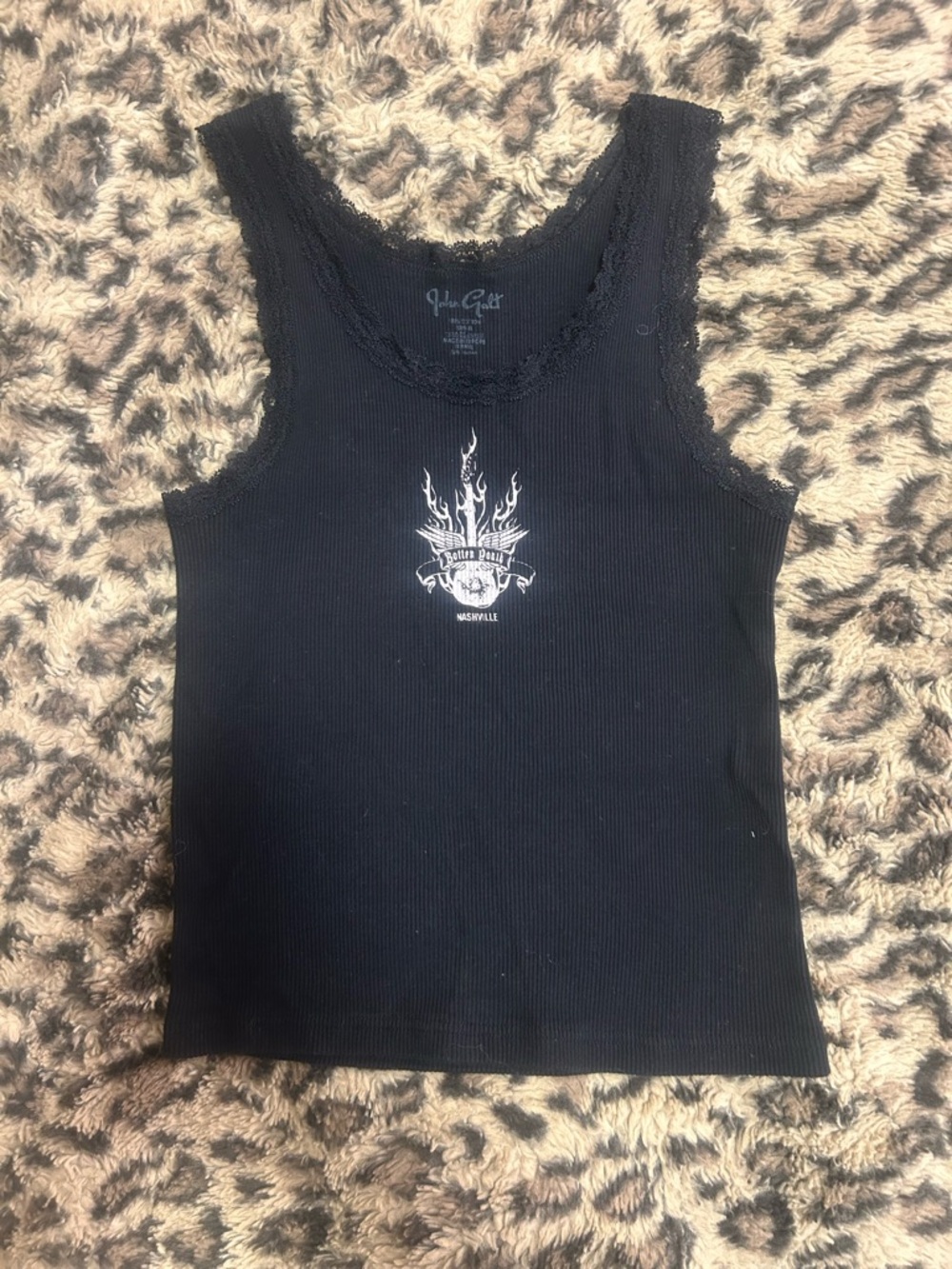 Brandy Melville Black Ribbed Lace-Trim Tank with White Flame Graphic